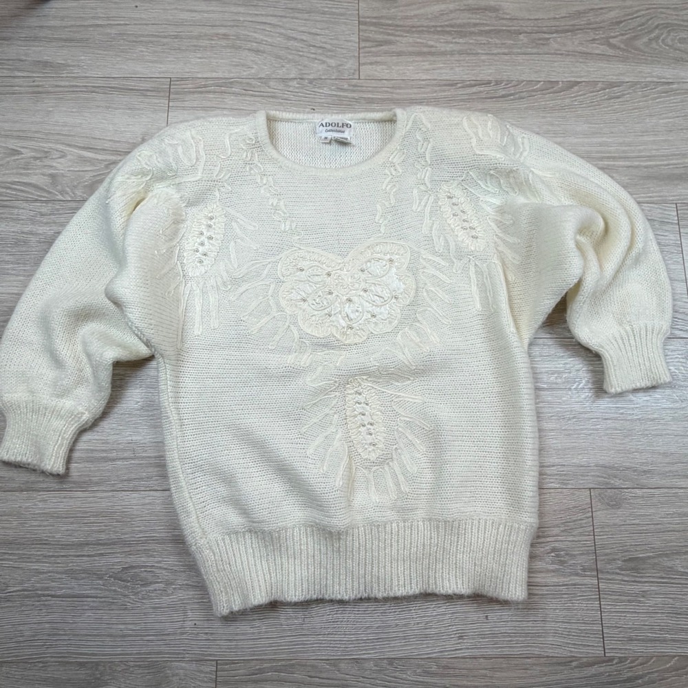 Adolfo Collectibles Vintage 80s Ivory Knit Sweater Floral Pearl Embroidered Sz M